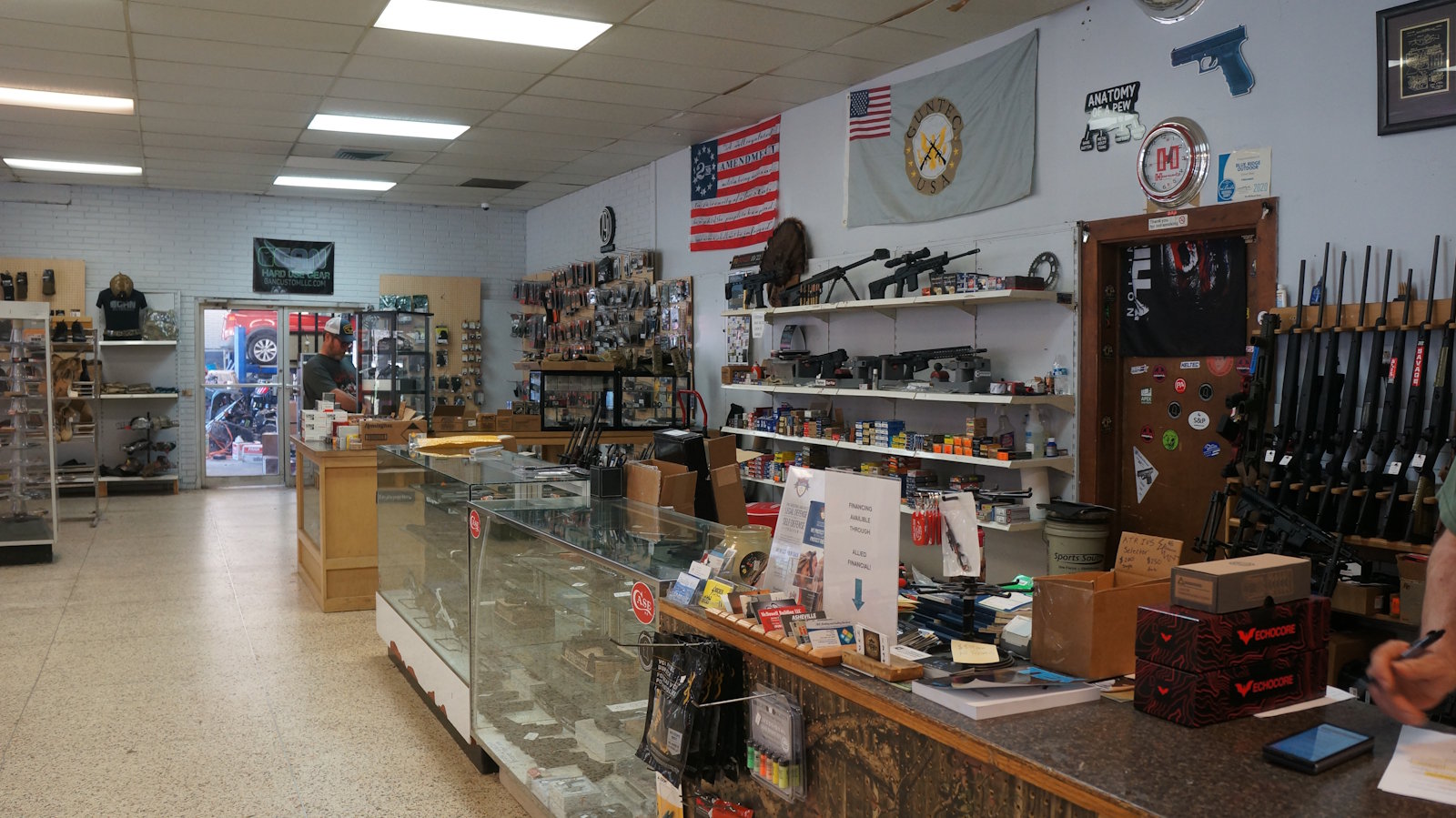 Front counter and firearm displays at Foothills Firearm Factory near Morganton North Carolina